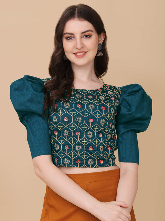 Casual Puff Sleeves Embroidered Women Top