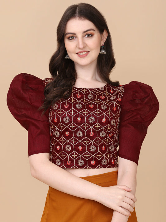 Casual Puff Sleeves Embroidered Women Top