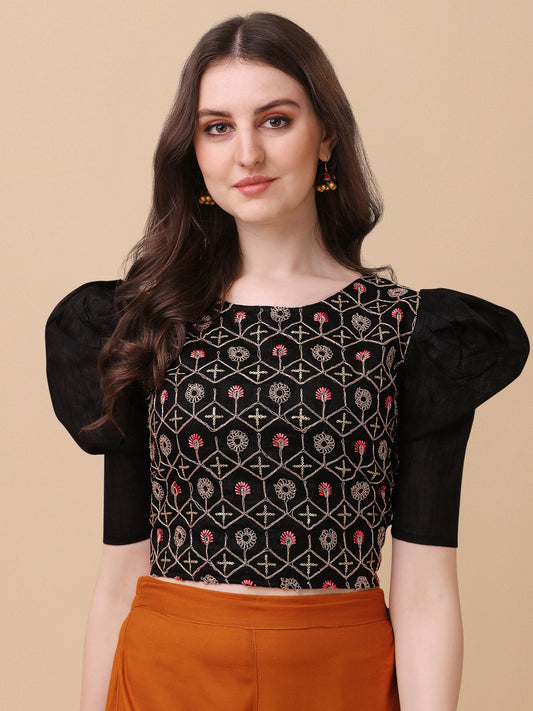 Casual Puff Sleeves Embroidered Women Top