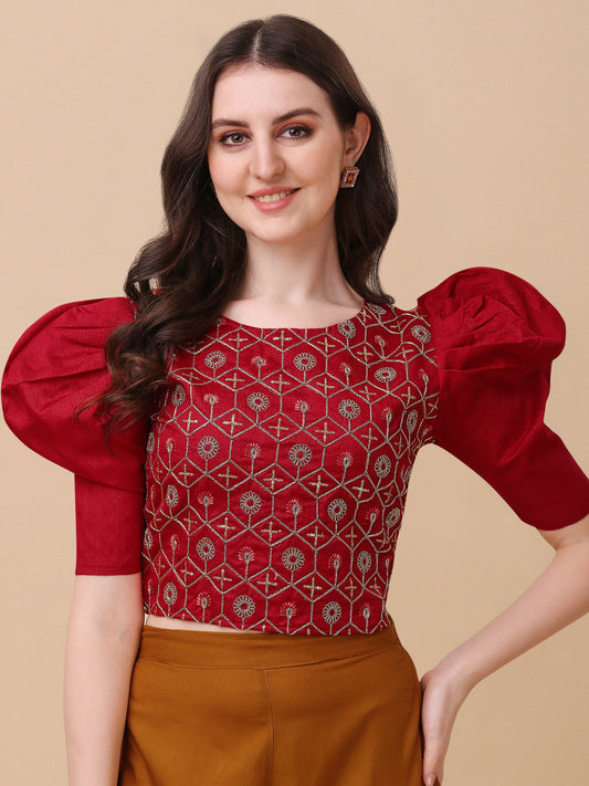 Casual Puff Sleeves Embroidered Women Top