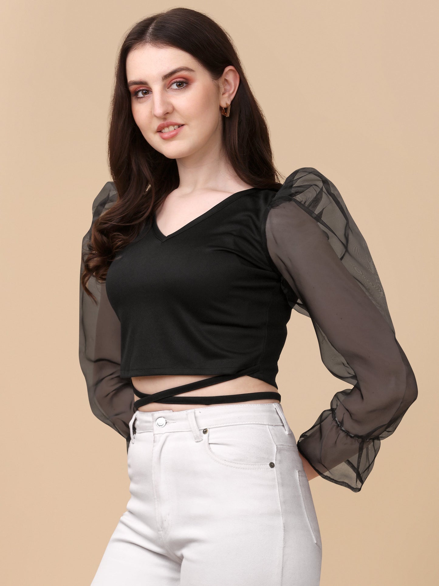 Casual Puff Net Sleeves Back Tie-Up Solid Women Top