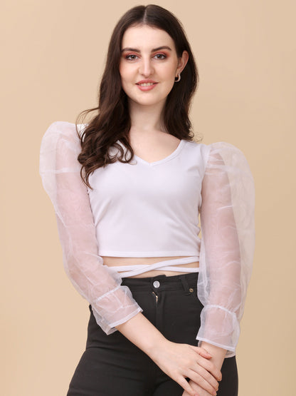 Casual Puff Net Sleeves Back Tie-Up Solid Women Top