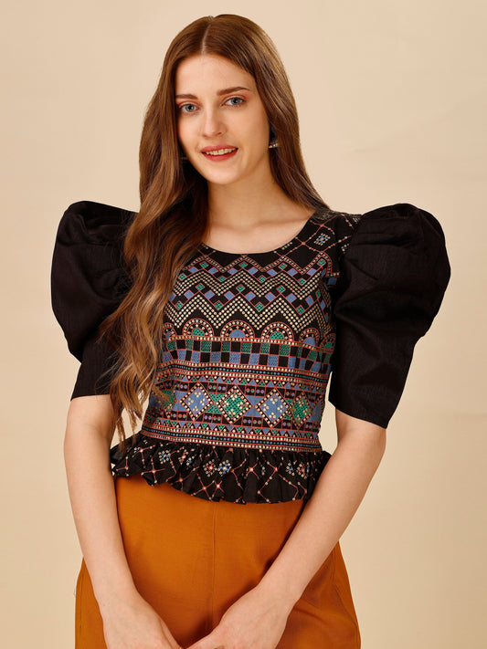 Casual Puff Sleeves Embroidered Women Multicolor Top