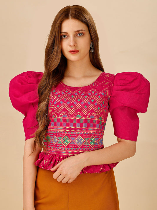 Casual Puff Sleeves Embroidered Women Multicolor Top