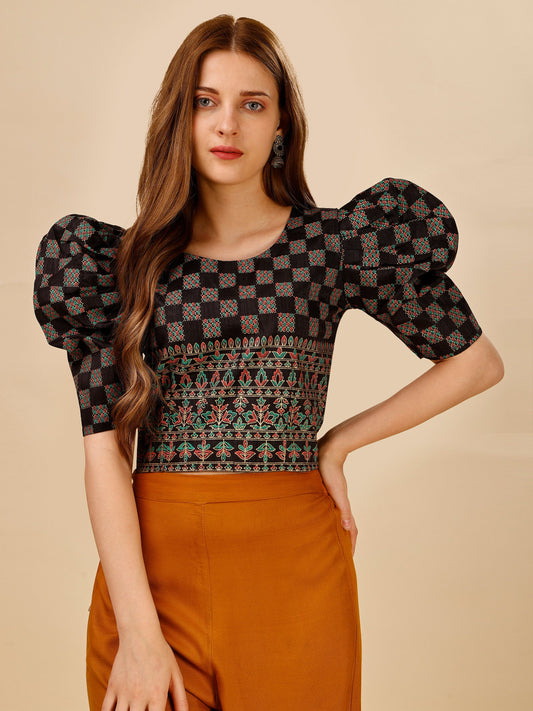 Casual Puff Sleeves Embroidered Women Multicolor Top