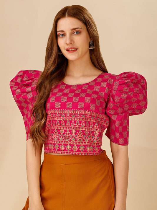 Casual Puff Sleeves Embroidered Women Multicolor Top