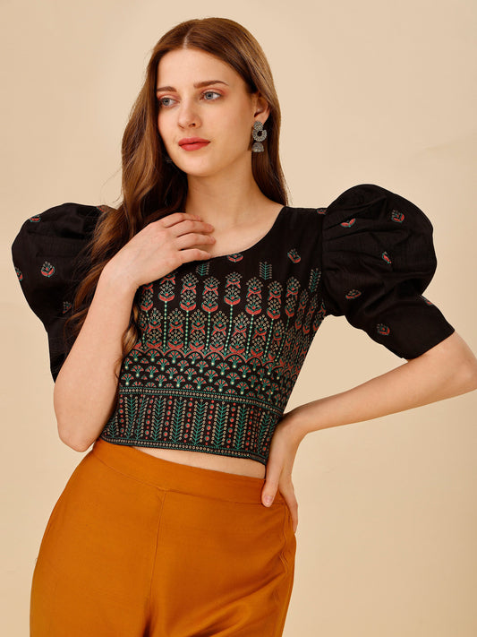 Casual Puff Sleeves Embroidered Women Multicolor Top