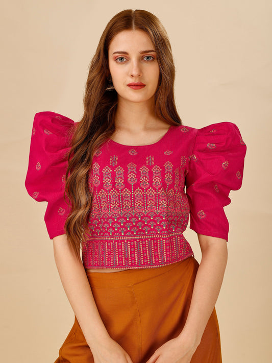 Casual Puff Sleeves Embroidered Women Multicolor Top