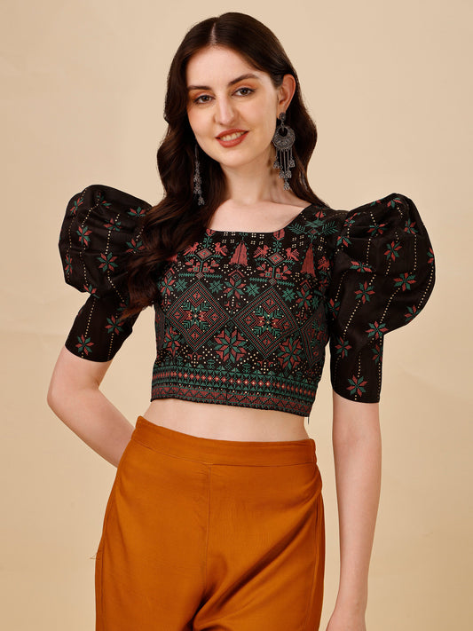 Casual Puff Sleeves Embroidered Women Multicolor Top