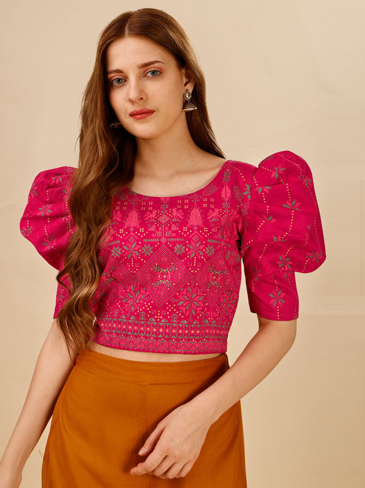 Casual Puff Sleeves Embroidered Women Multicolor Top