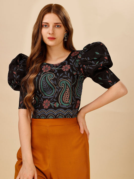 Casual Puff Sleeves Embroidered Women Multicolor Top