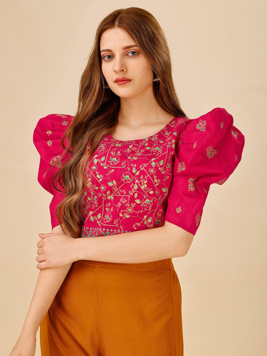 Casual Puff Sleeves Embroidered Women Multicolor Top