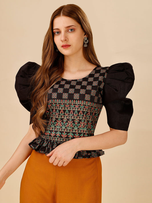 Casual Puff Sleeves Embroidered Women Multicolor Top