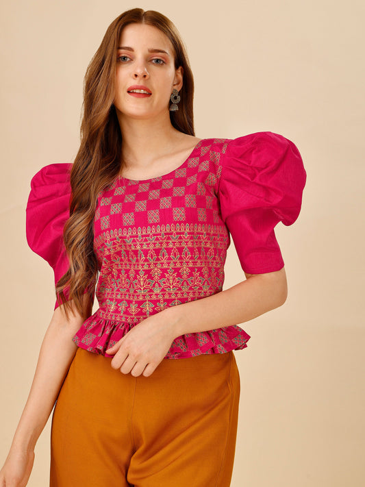 Casual Puff Sleeves Embroidered Women Multicolor Top