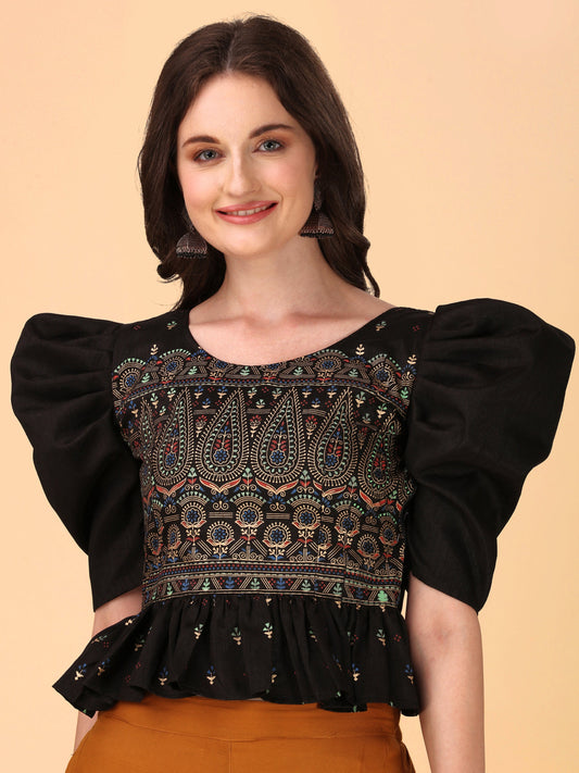 Casual Puff Sleeves Embroidered Women Multicolor Top