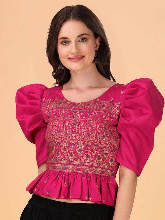 Casual Puff Sleeves Embroidered Women Multicolor Top