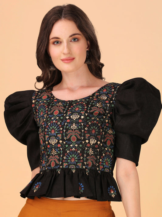 Casual Puff Sleeves Embroidered Women Multicolor Top