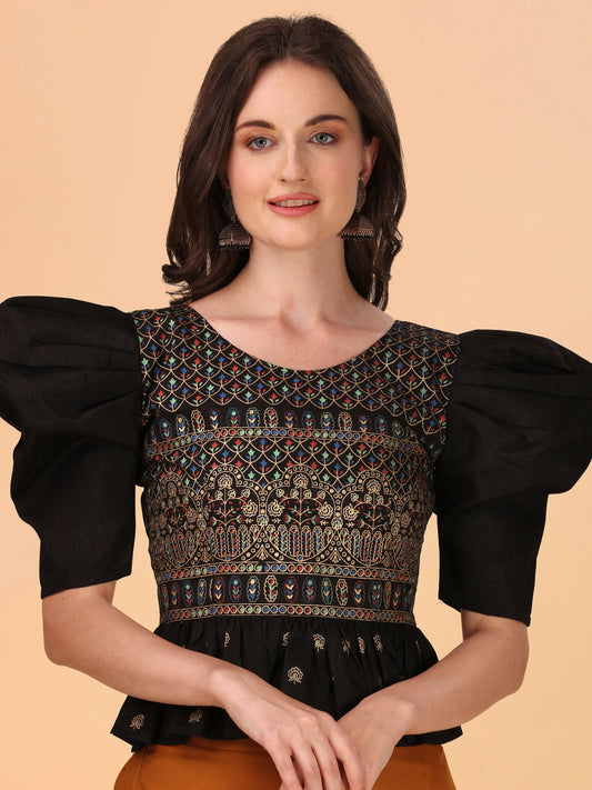 Casual Puff Sleeves Embroidered Women Multicolor Top