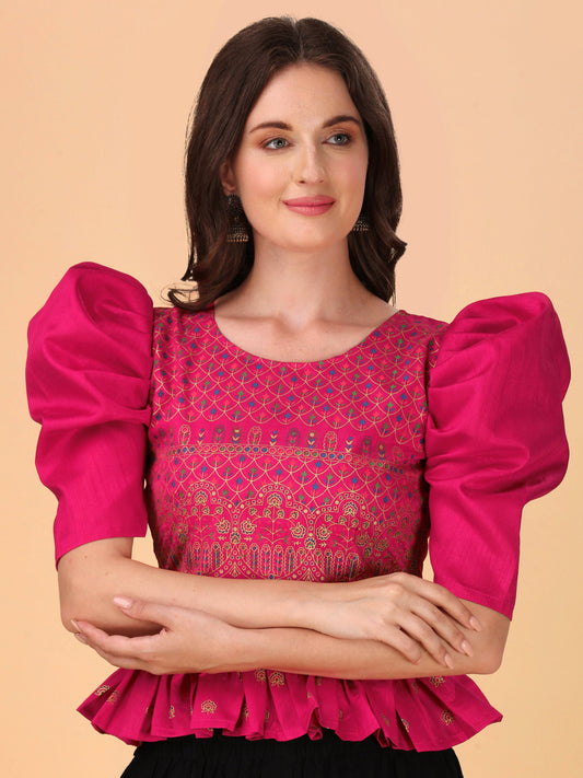 Casual Puff Sleeves Embroidered Women Multicolor Top