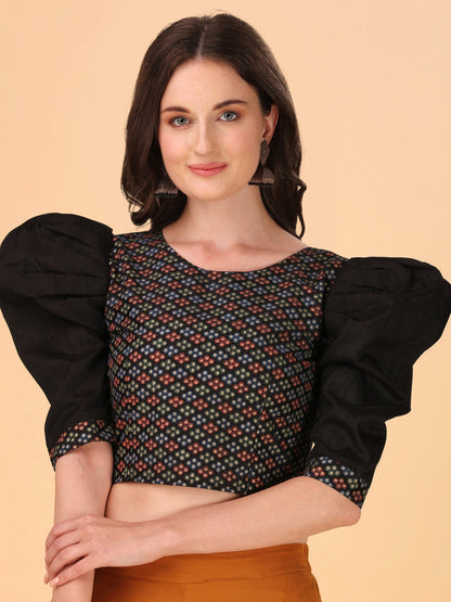 Casual Puff Sleeves Embroidered Women Multicolor Top