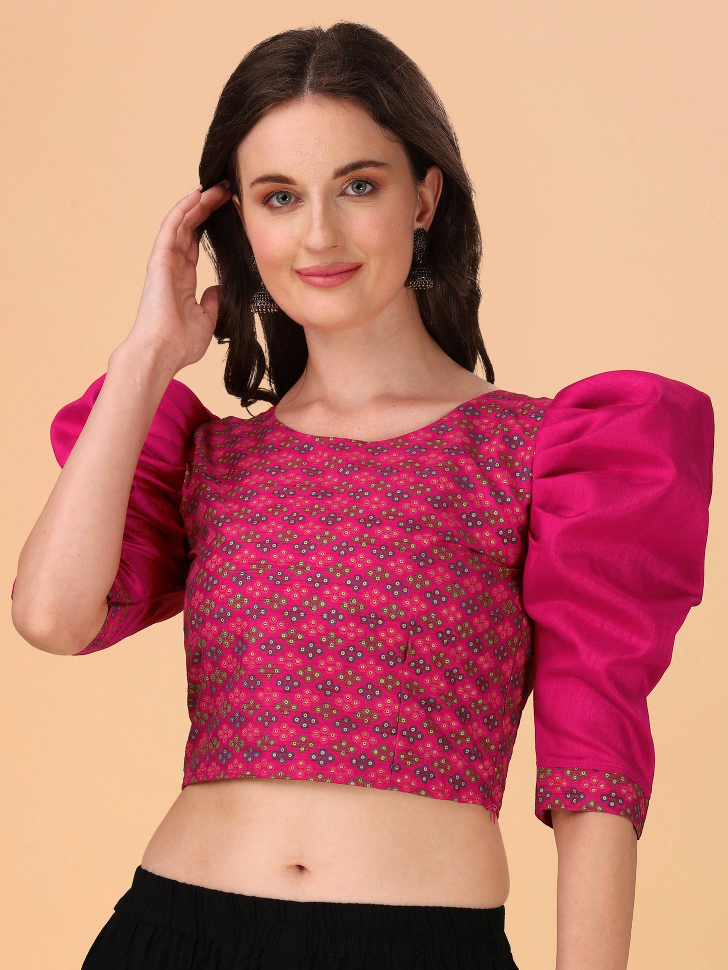 Casual Puff Sleeves Embroidered Women Multicolor Top