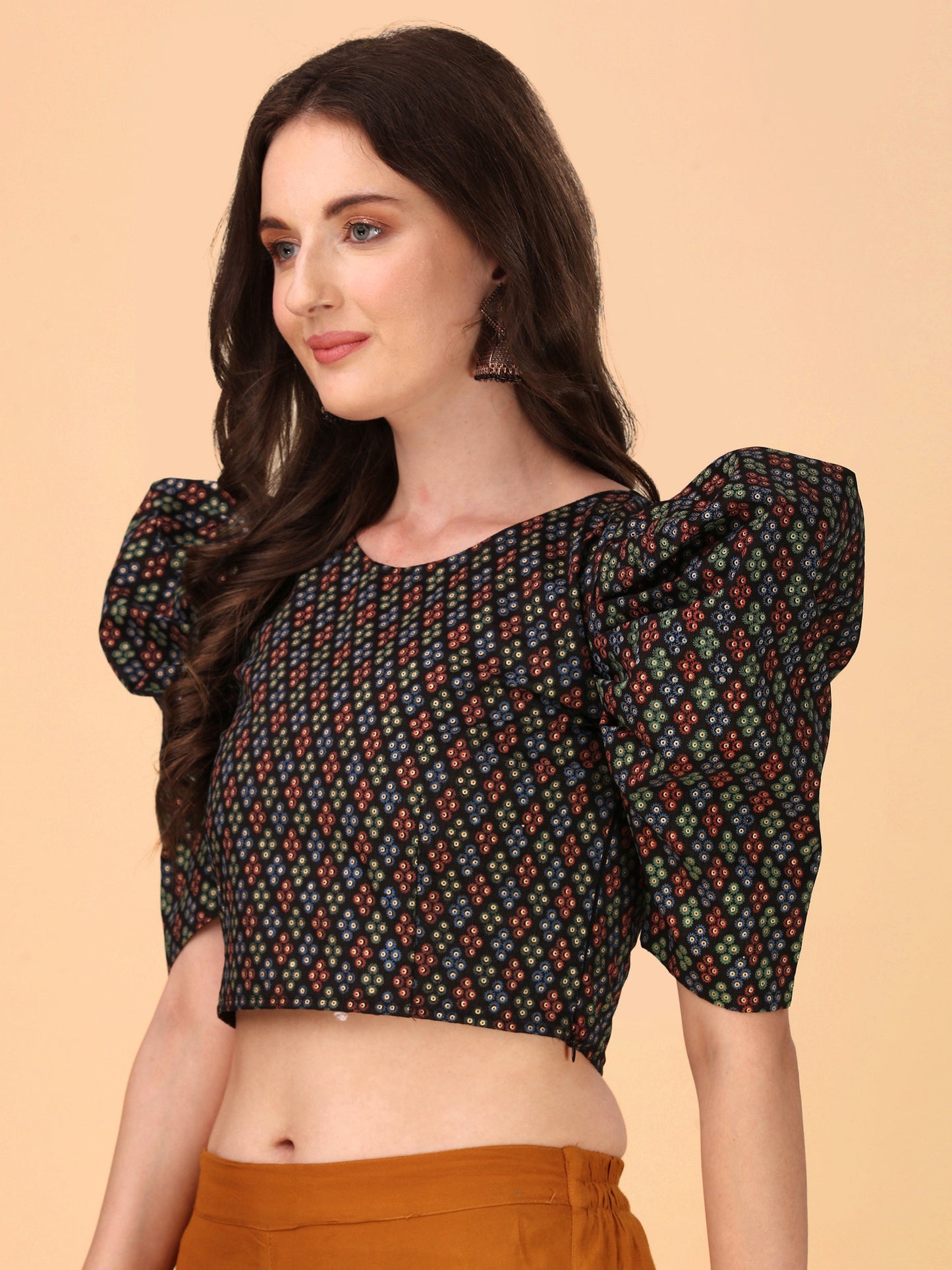 Casual Puff Sleeves Embroidered Women Multicolor Top