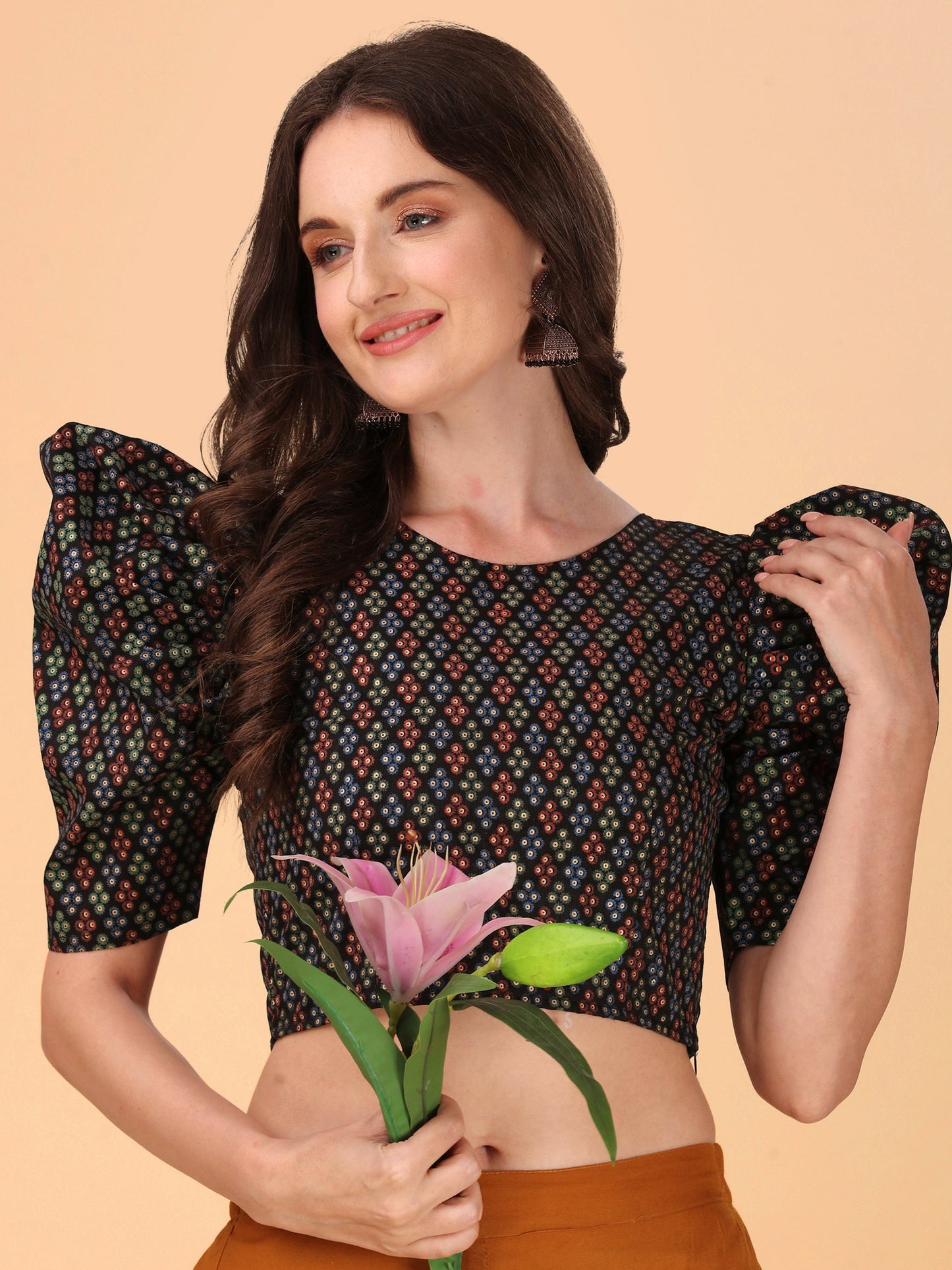 Casual Puff Sleeves Embroidered Women Multicolor Top