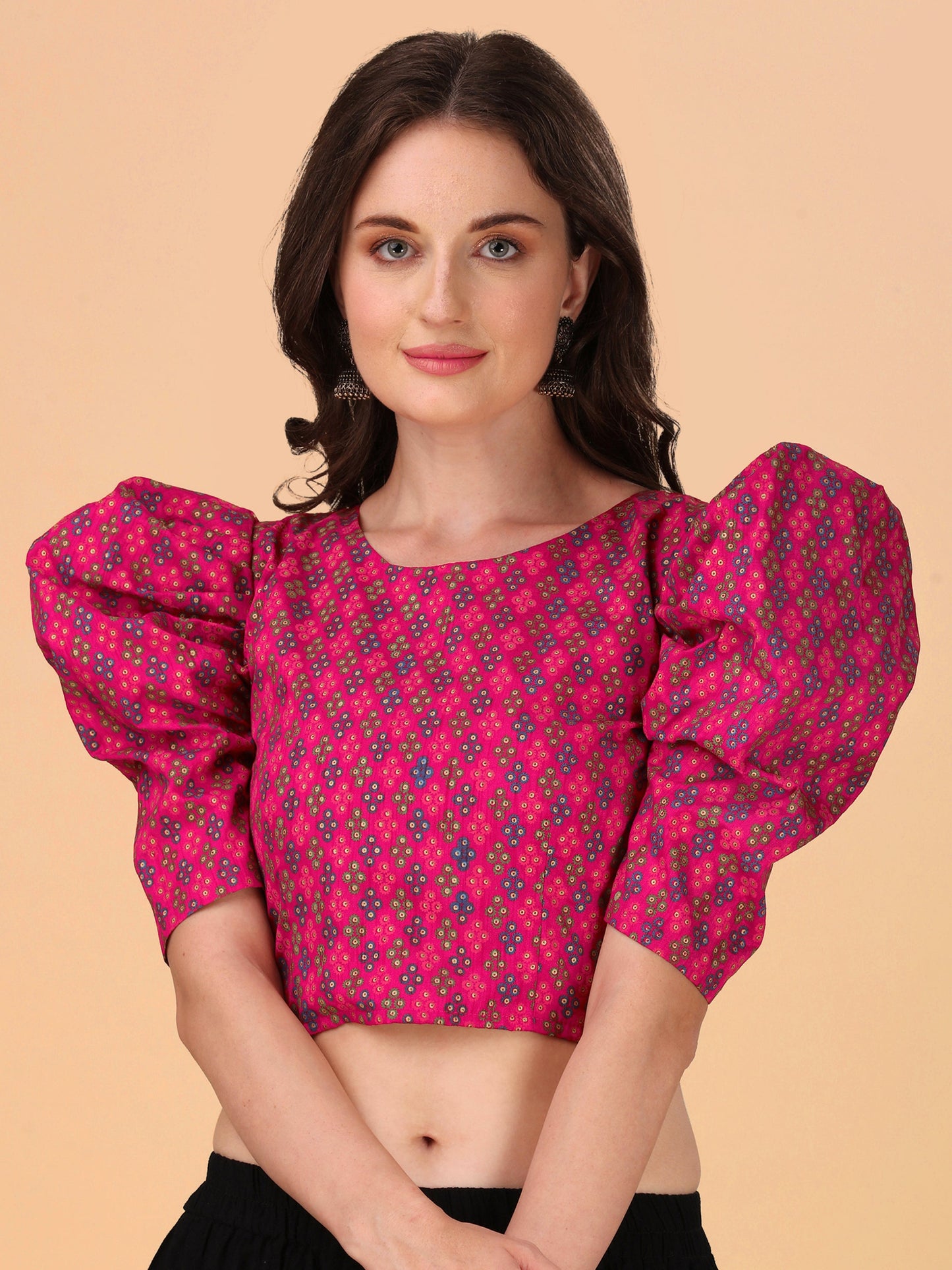 Casual Puff Sleeves Embroidered Women Multicolor Top