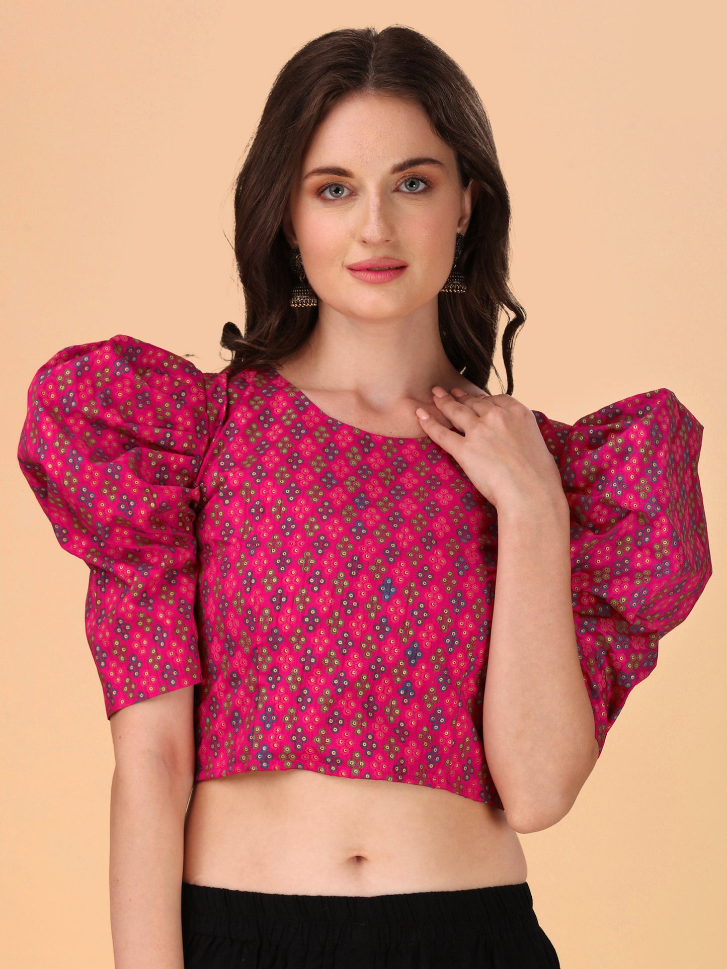 Casual Puff Sleeves Embroidered Women Multicolor Top