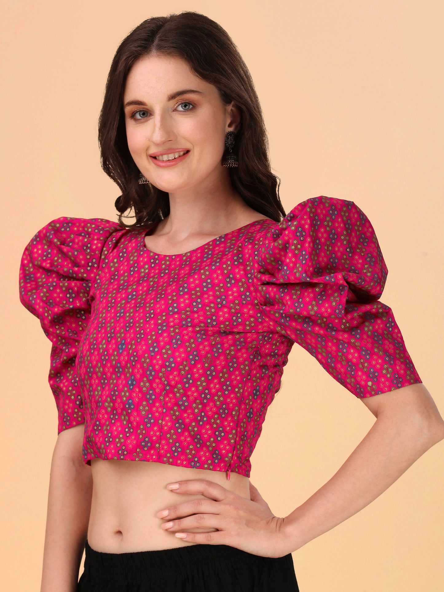 Casual Puff Sleeves Embroidered Women Multicolor Top