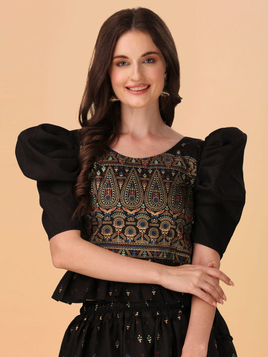 Casual Puff Sleeves Embroidered Women Multicolor Top