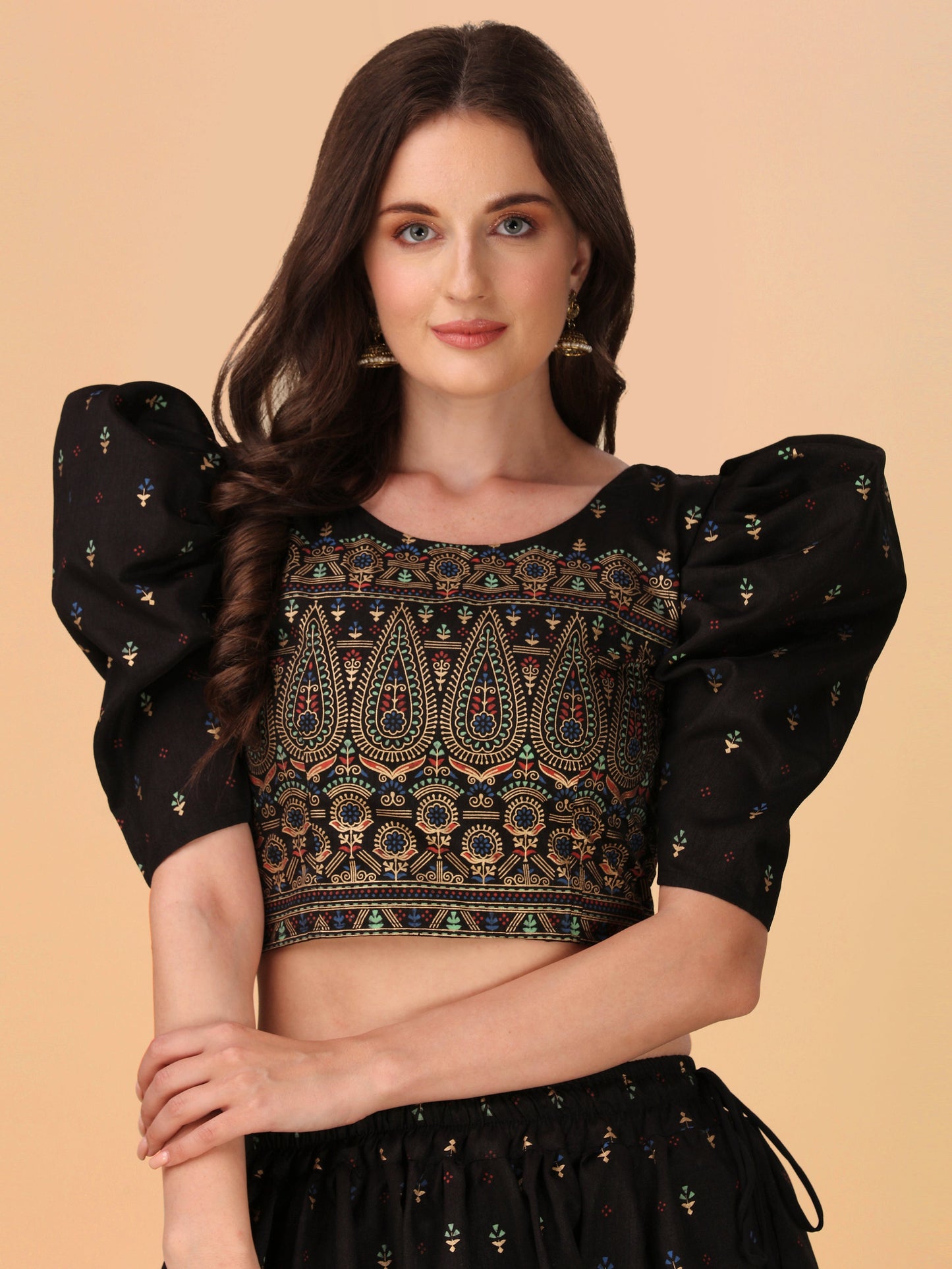 Casual Puff Sleeves Embroidered Women Multicolor Top