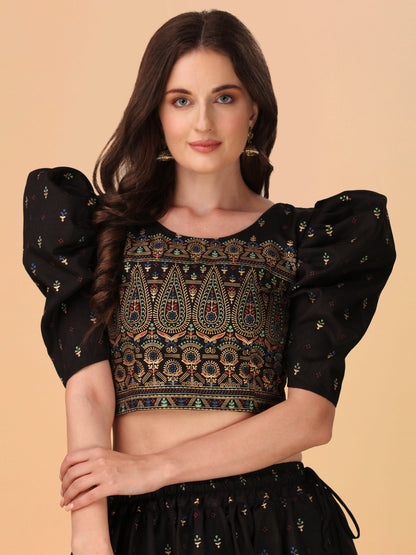 Casual Puff Sleeves Embroidered Women Multicolor Top