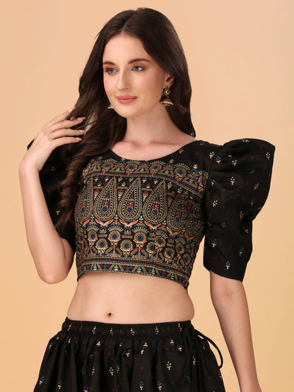 Casual Puff Sleeves Embroidered Women Multicolor Top