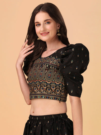 Casual Puff Sleeves Embroidered Women Multicolor Top