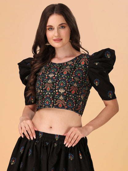 Casual Puff Sleeves Embroidered Women Multicolor Top