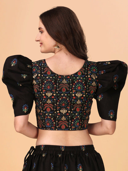 Casual Puff Sleeves Embroidered Women Multicolor Top