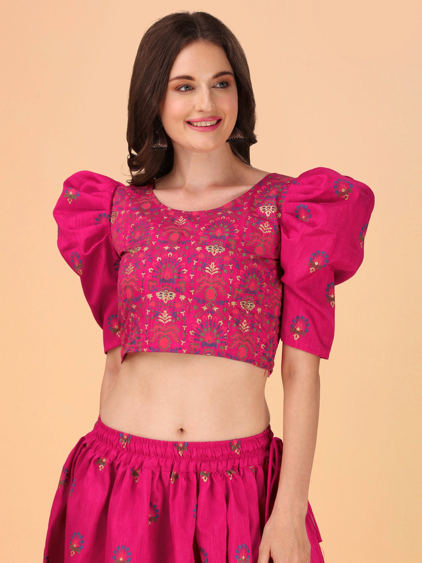 Casual Puff Sleeves Embroidered Women Multicolor Top