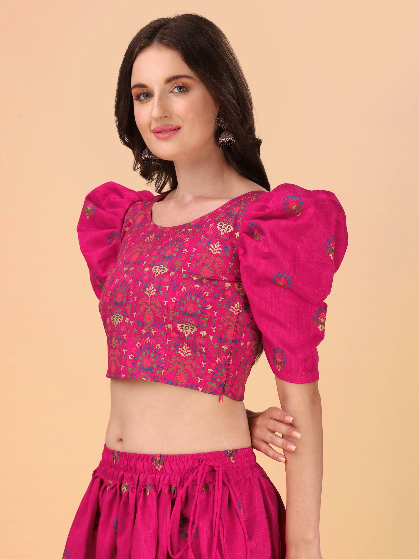 Casual Puff Sleeves Embroidered Women Multicolor Top