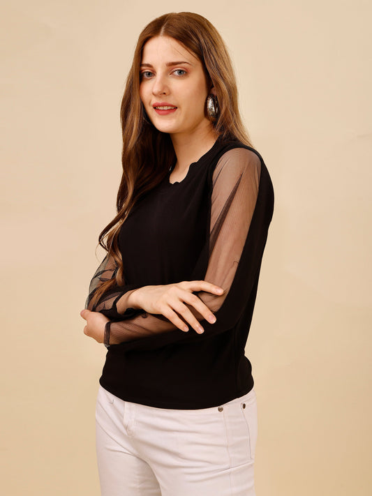 Casual Regular Full Net Sleeves Solid Women Top