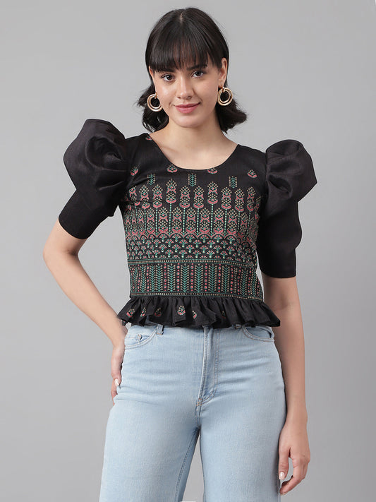 Casual Puff Sleeves Embroidered Women Multicolor Top