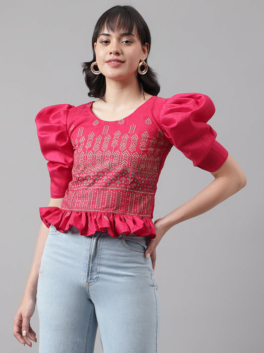 Casual Puff Sleeves Embroidered Women Multicolor Top