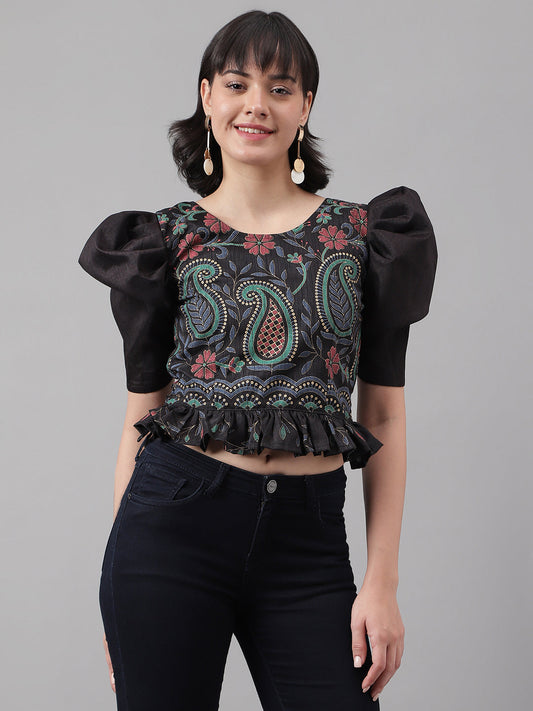 Casual Puff Sleeves Embroidered Women Multicolor Top