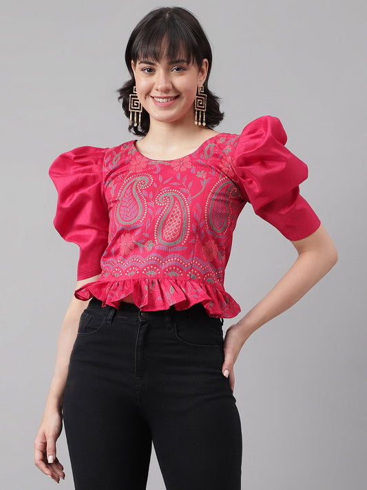 Casual Puff Sleeves Embroidered Women Multicolor Top