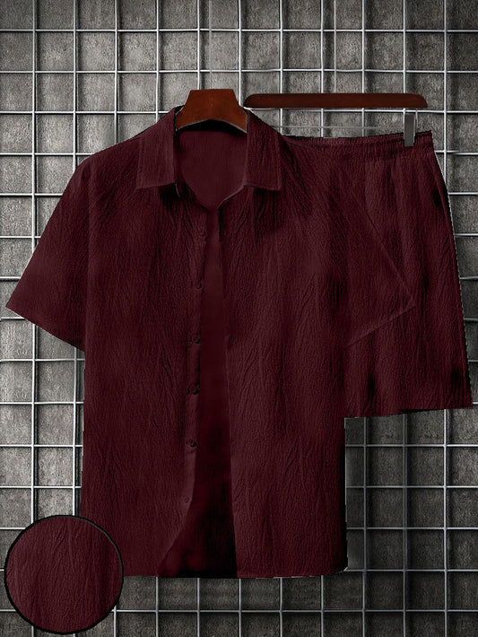 Men's maroon colour seersucker casual shirt & short