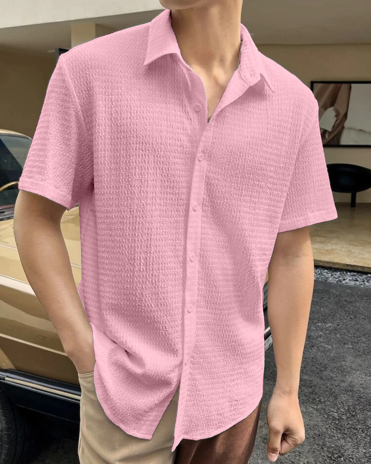 Mauvelous Pink  Seersucker Half Sleeve Shirt