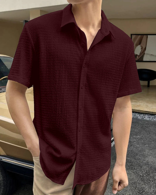 Burnt Maroon Seersucker Half Sleeve Shirt