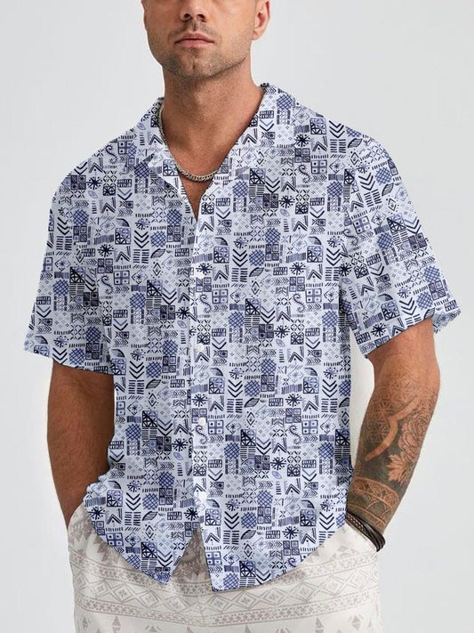 BLUE ABSTRACT PALMO SHORT SLEEVE SHIRT FOR MEN