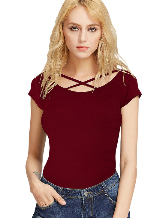 Short Sleeve Criss-cross Solid Wester Wear Women Top