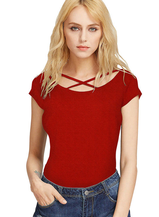 Short Sleeve Criss-cross Solid Wester Wear Women Top